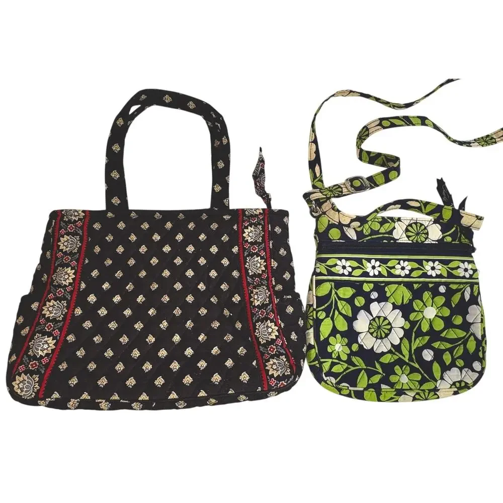 Lot of 2 Vera Bradley Floral Quilted Black Handbag & Green Shoulder Bag Pockets